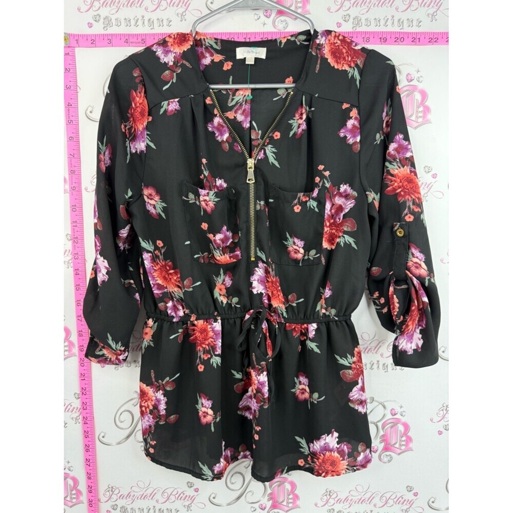 Stella Tweed blouse shirt, flowers zip up, Black Floral Zip-Front Blouse